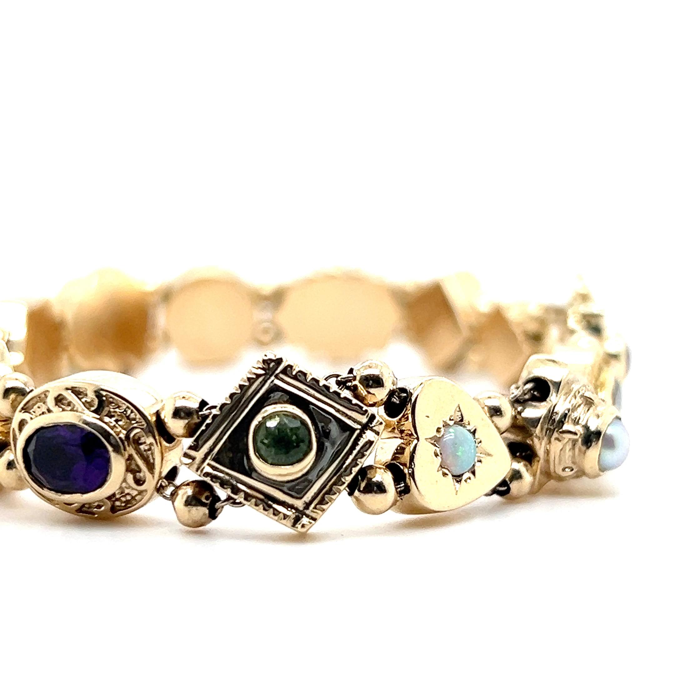 Contemporain Bracelet contemporain à maillons en or jaune 14k et pierres précieuses 1990 en vente