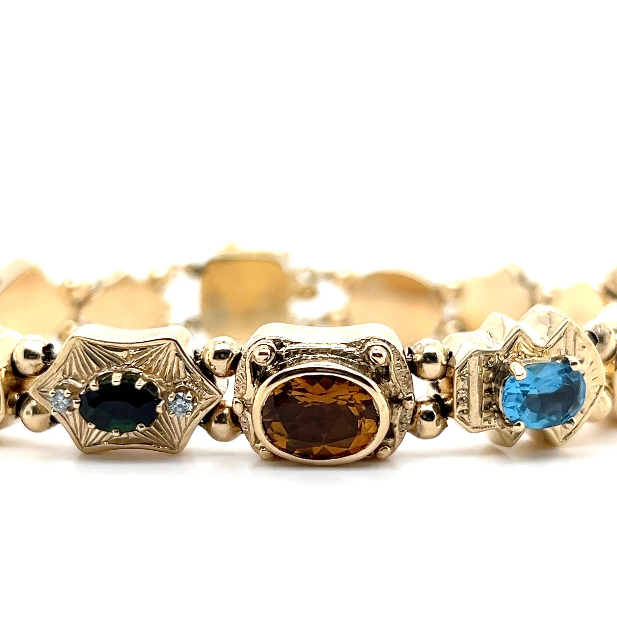 Taille ovale Bracelet contemporain à maillons en or jaune 14k et pierres précieuses 1990 en vente