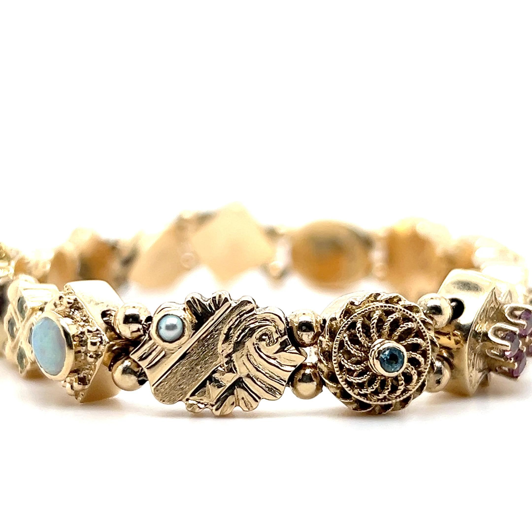 Bracelet contemporain à maillons en or jaune 14k et pierres précieuses 1990 Bon état - En vente à Towson, MD