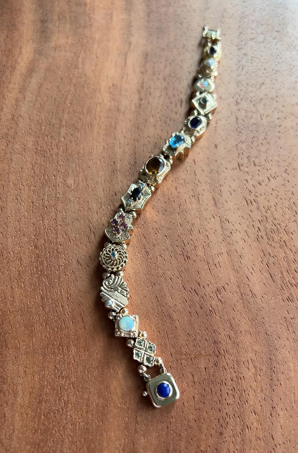 Bracelet contemporain à maillons en or jaune 14k et pierres précieuses 1990 Unisexe en vente