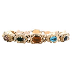 Bracelet contemporain à maillons en or jaune 14k et pierres précieuses 1990