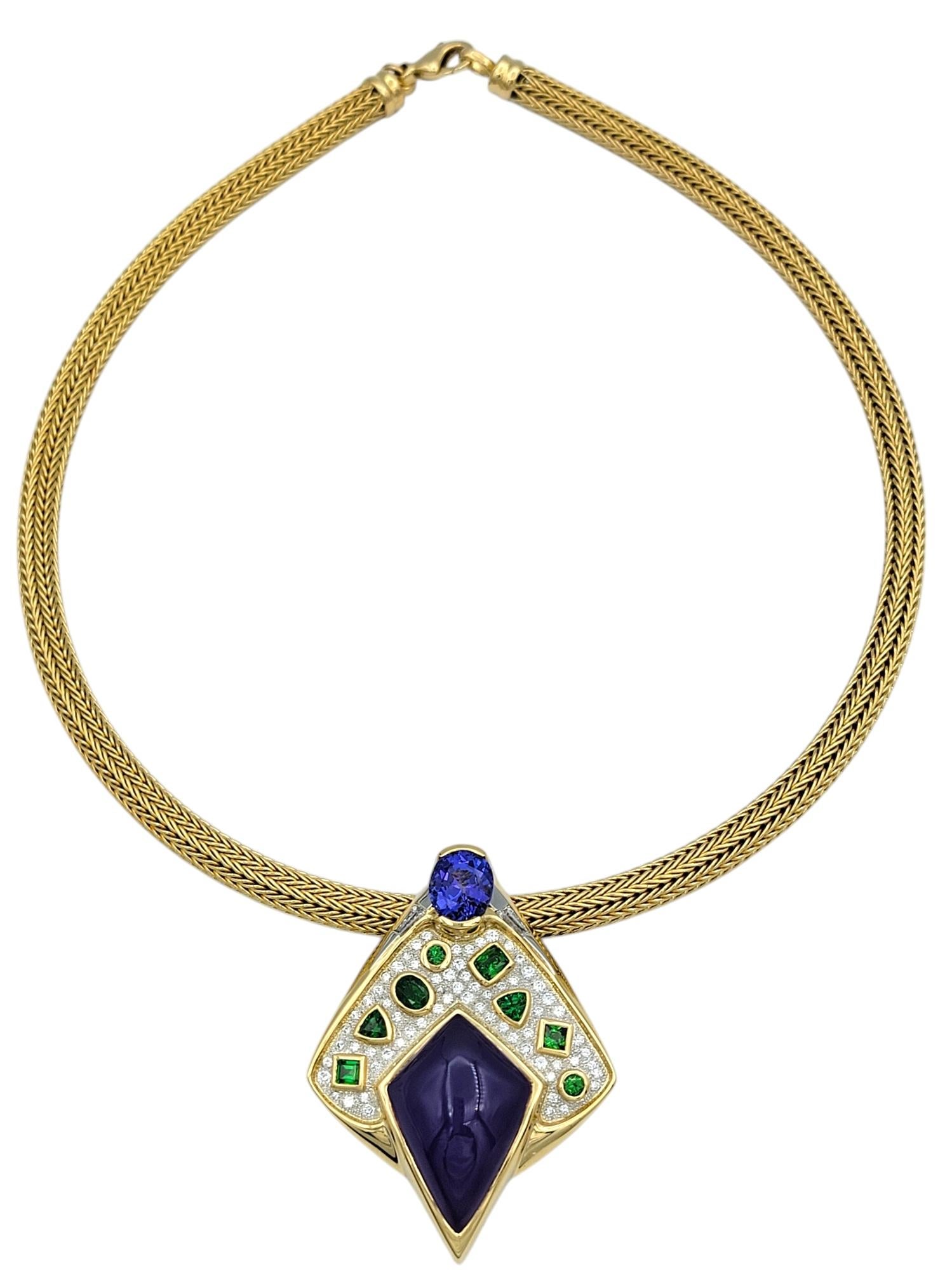 Make an unforgettable statement with this breathtaking pendant necklace, a masterpiece of luxurious design and vibrant gemstones. At its heart lies a striking triangular cabochon purple jade, radiating natural elegance with its smooth, verdant