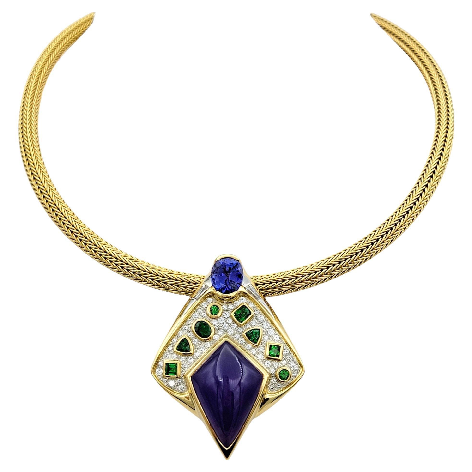 Contemporary Multi-Gemstone and Diamond 18 Karat Yellow Gold Statement Necklace For Sale