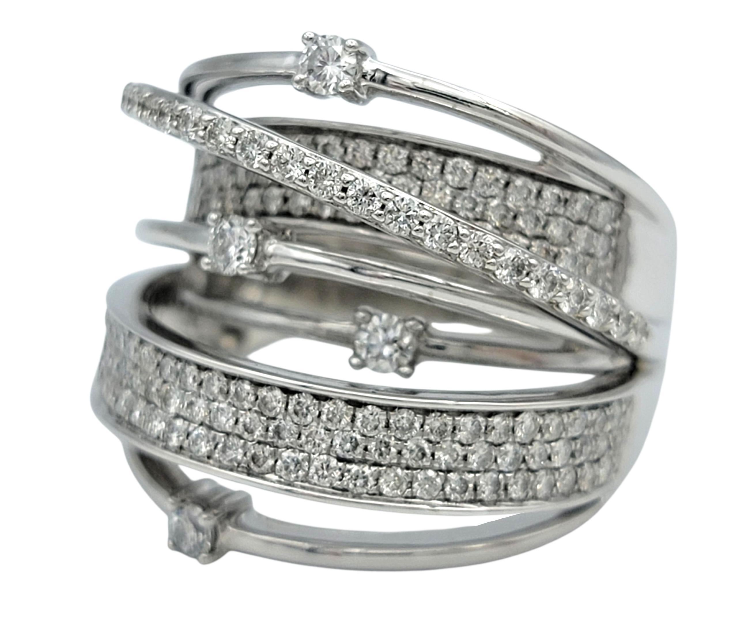 Round Cut Contemporary Multi Row Wide Stacked Pavé Diamond Band Ring 14 Karat White Gold For Sale