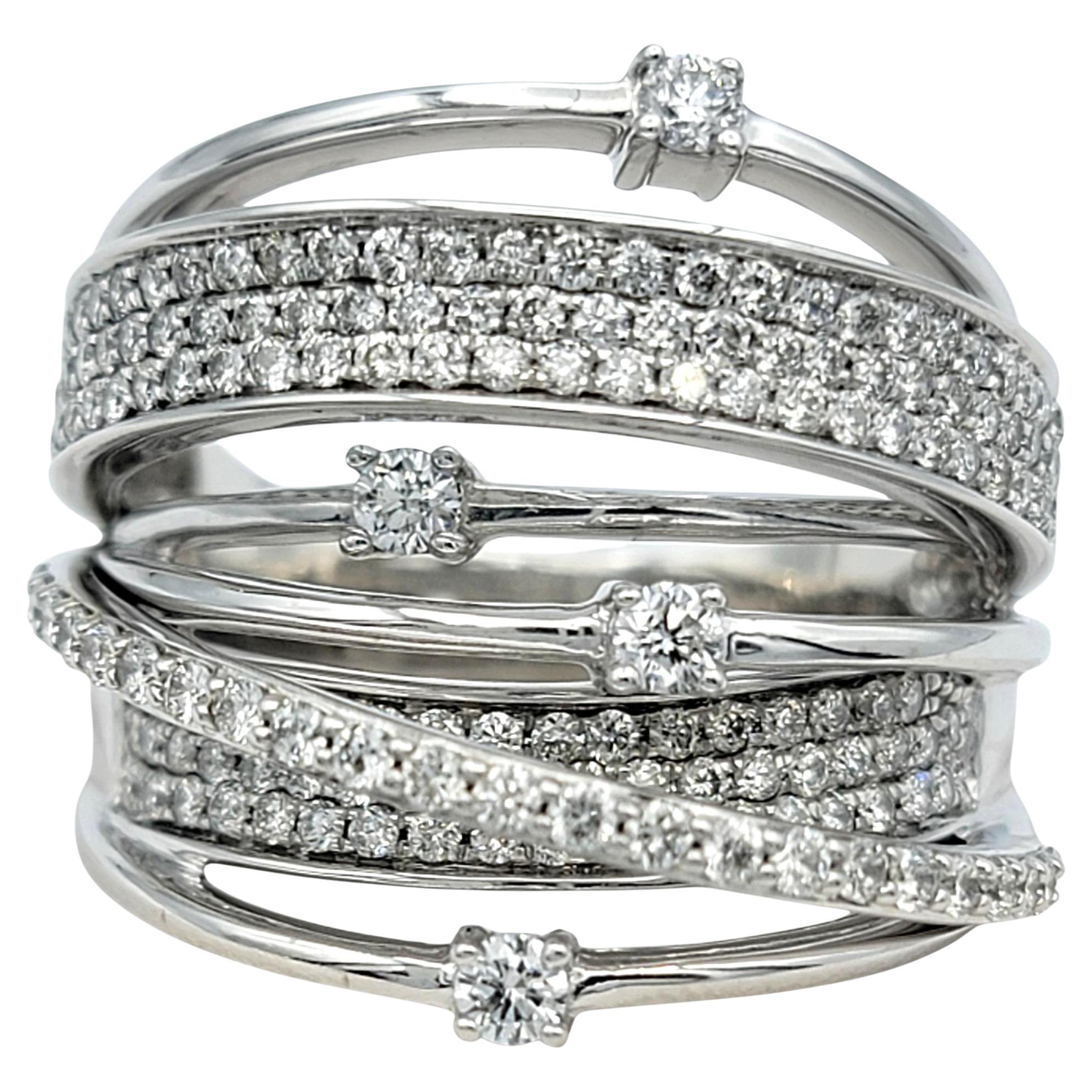 Contemporary Multi Row Wide Stacked Pavé Diamond Band Ring 14 Karat White Gold For Sale