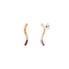 Contemporary Multi Sapphire & Ruby Curved Climber Earrings in 14k White Gold