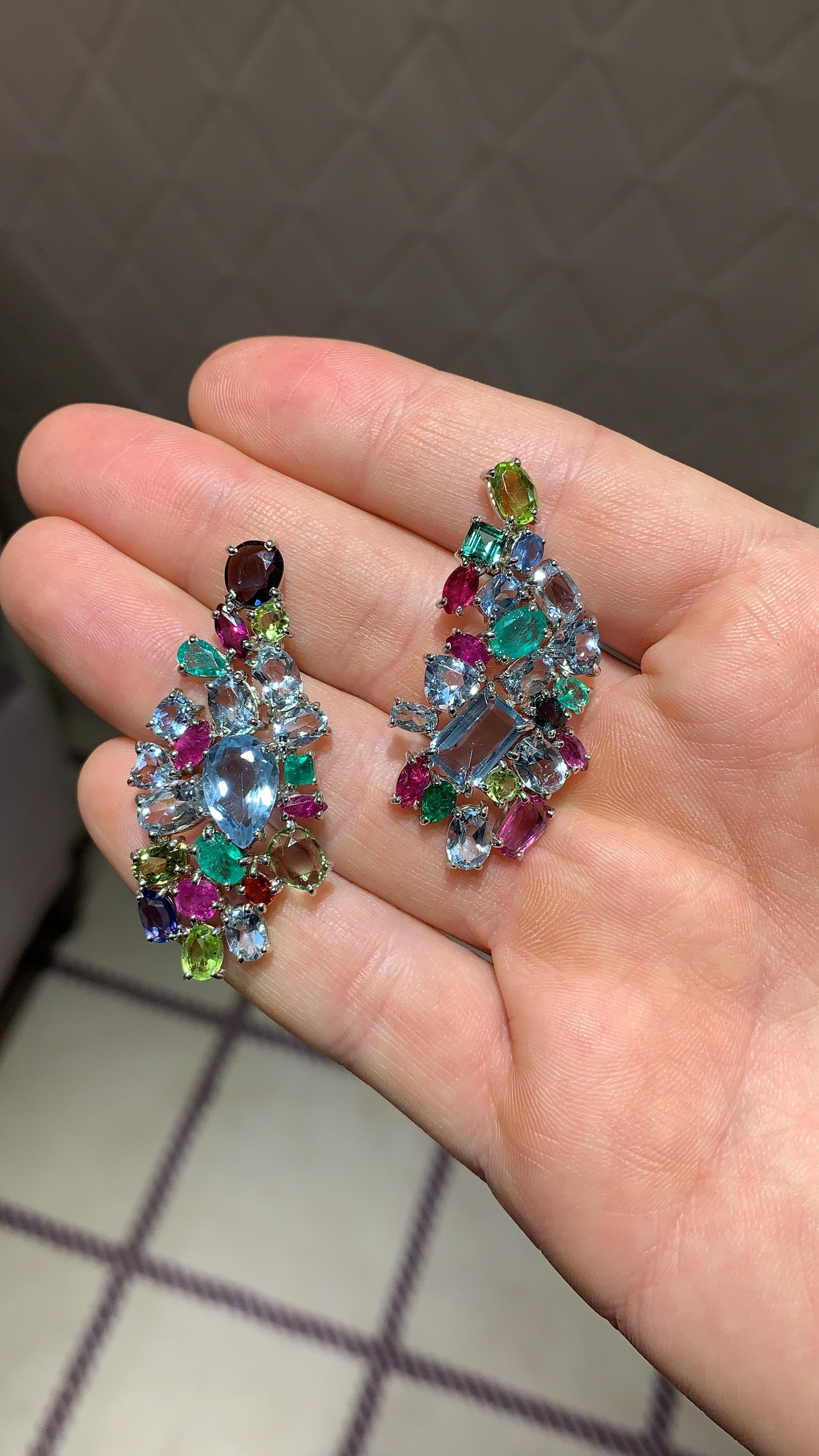 Contemporary Rosior Multicolor Gemstone Drop Earrings in White Gold