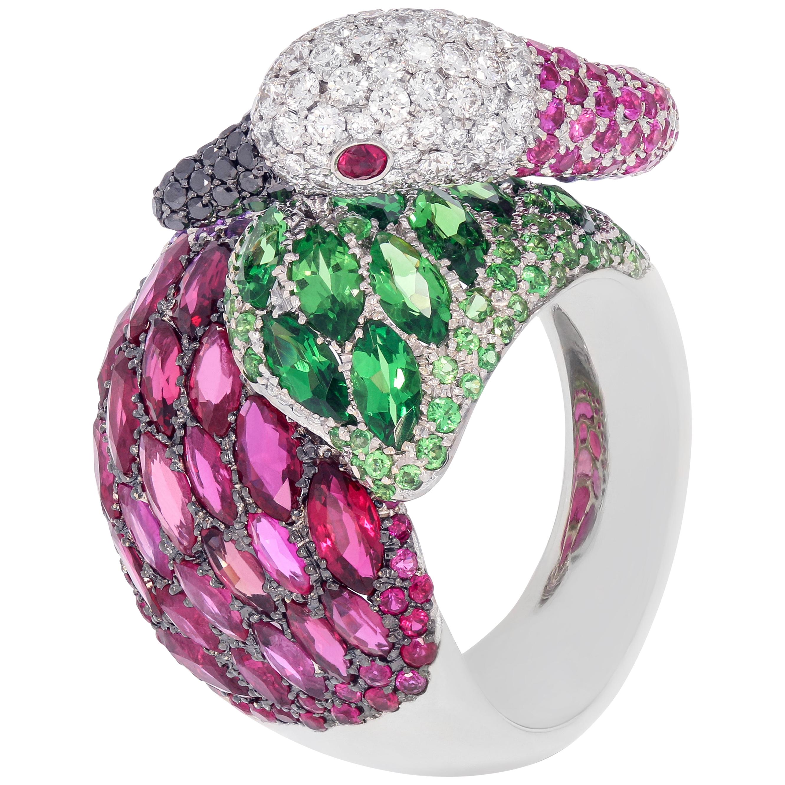 Contemporary Multi-Color Gemstone "Swan" Ring in White Gold