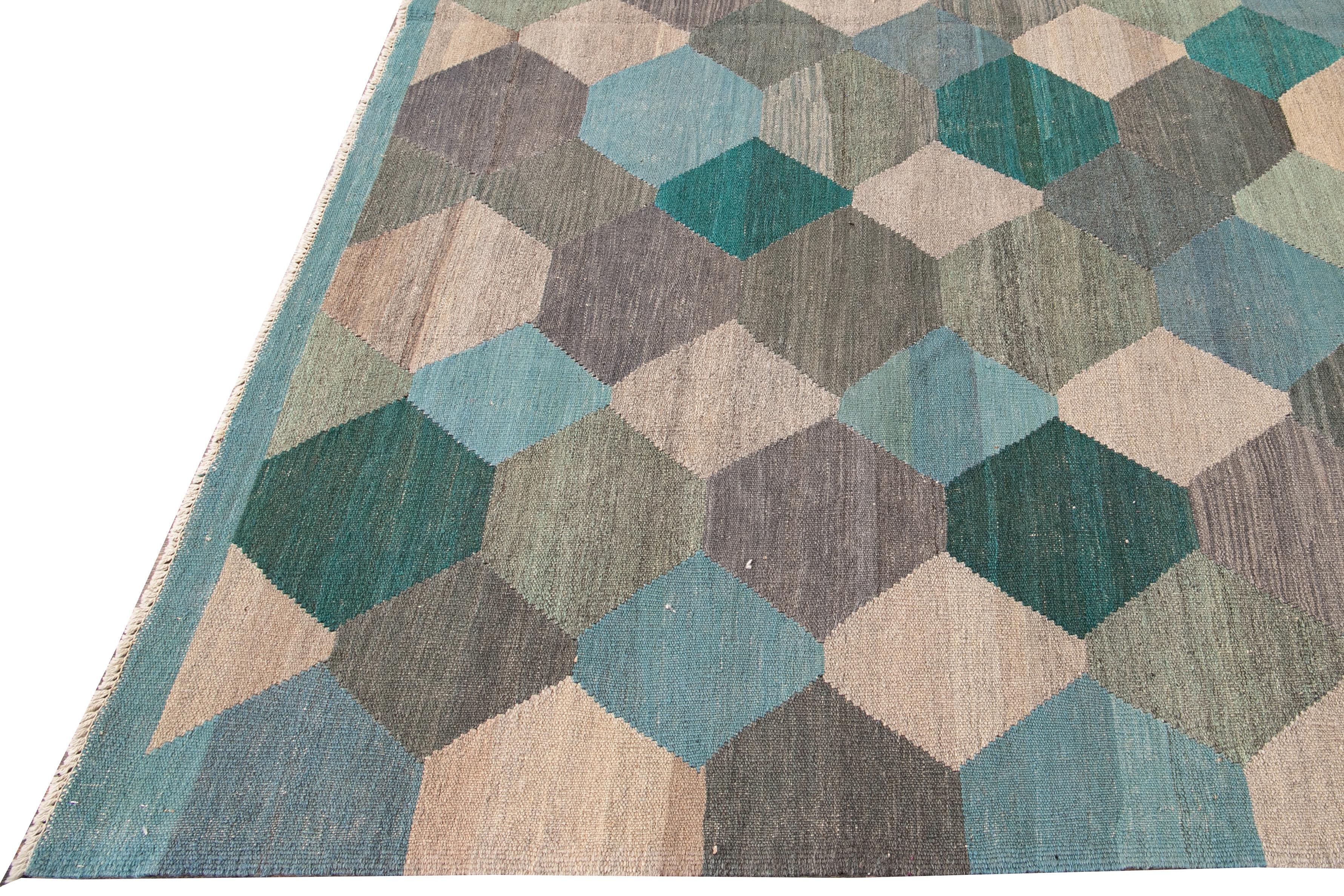 Hand-Knotted Contemporary Multicolor Kilim Flatweave Geometric Wool Rug For Sale