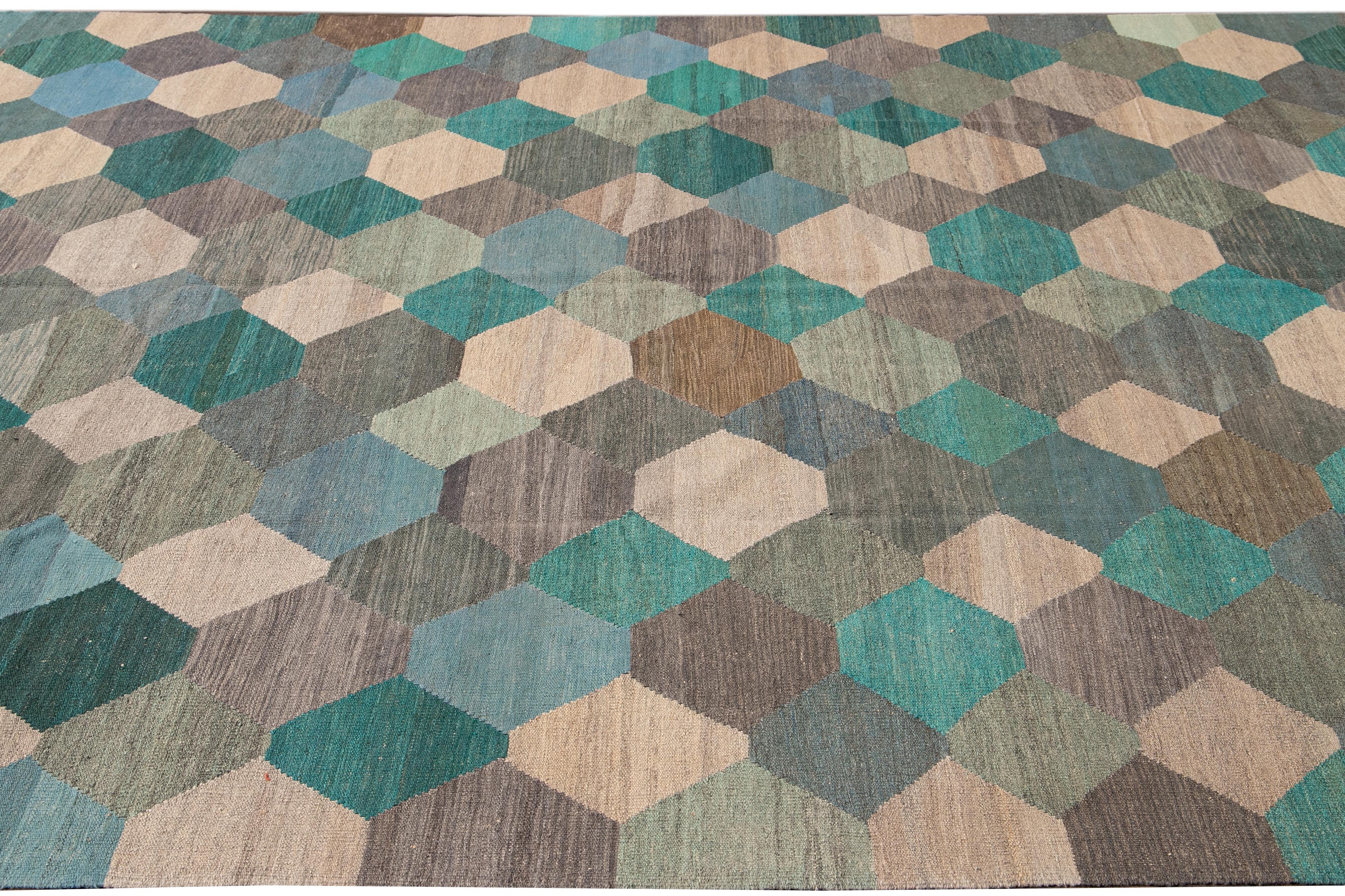 Contemporary Multicolor Kilim Flatweave Geometric Wool Rug For Sale 1