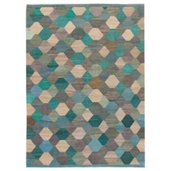 Zeitgenössischer mehrfarbiger Flachgewebe-Kelim-Teppich aus geometrischer Wolle