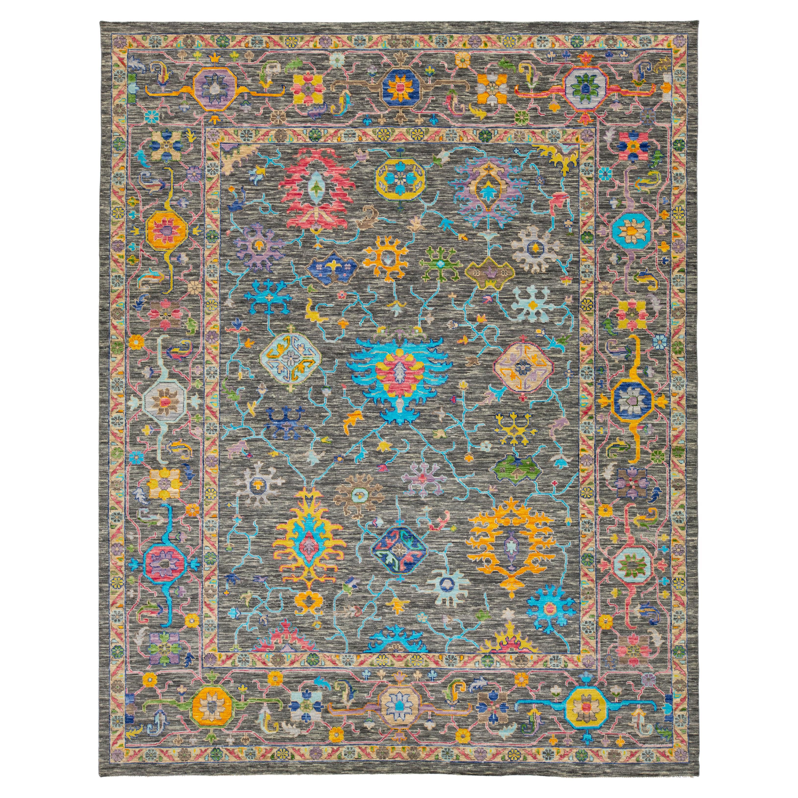 Contemporary Multicolored Floral Oushak Style Wool Rug Handmade In Gray