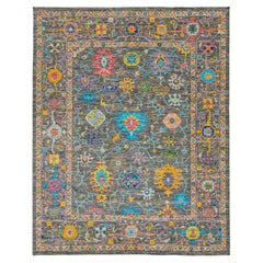 Contemporary Multicolored Floral Oushak Style Wool Rug Handmade In Gray
