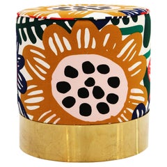 Contemporary Multicolour Floral-patterned Fabric and Brass Italian Circular Pouf