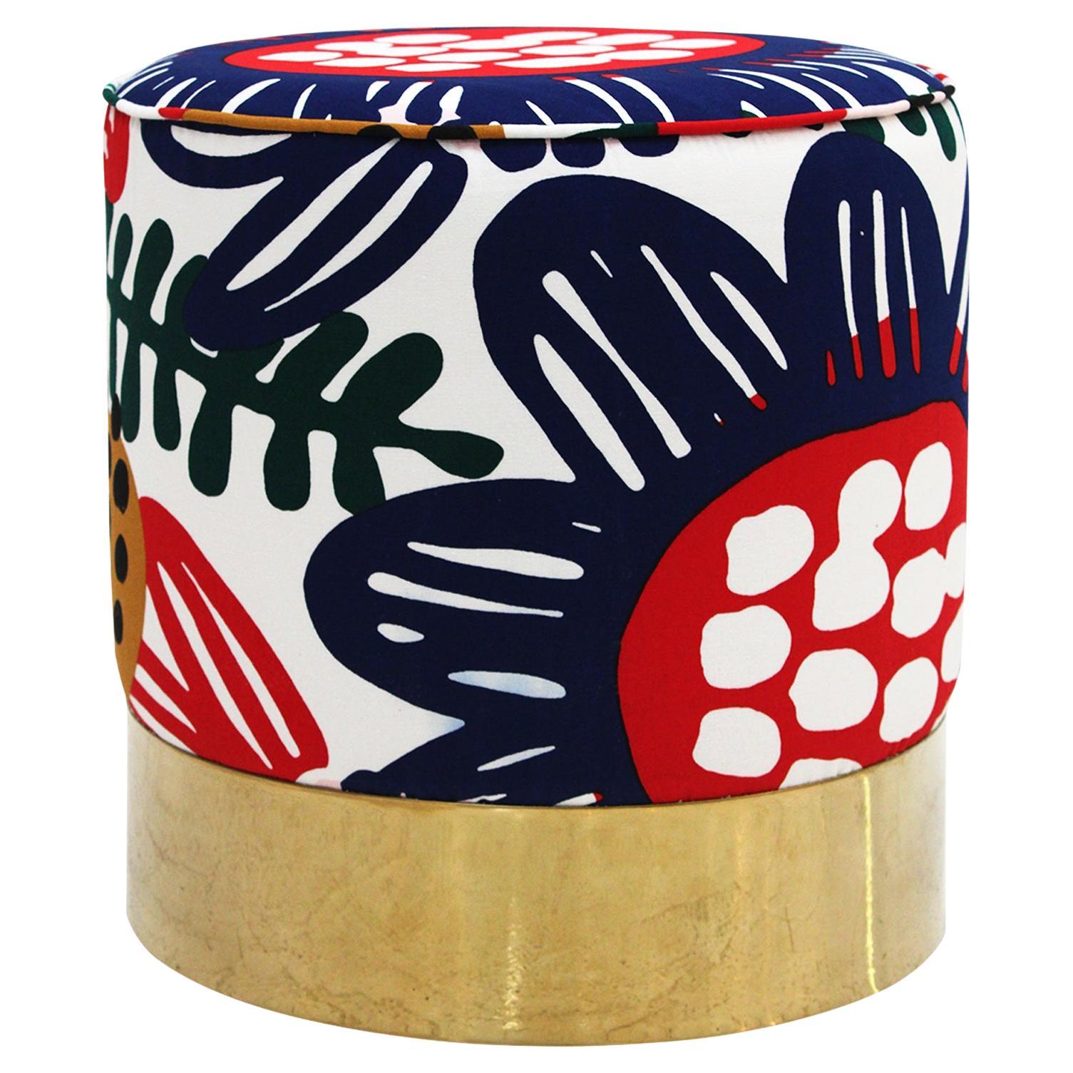 Contemporary Multicolour Floral-patterned Fabric and Brass Italian Circular Pouf
