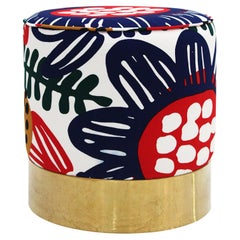 Contemporary Multicolour Floral-patterned Fabric and Brass Italian Circular Pouf