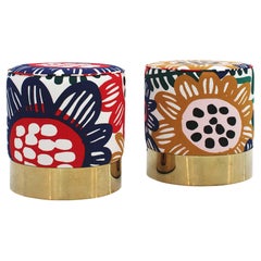 Contemporary Multicolour Floral-patterned Fabric Italian Pair of Circular Poufs