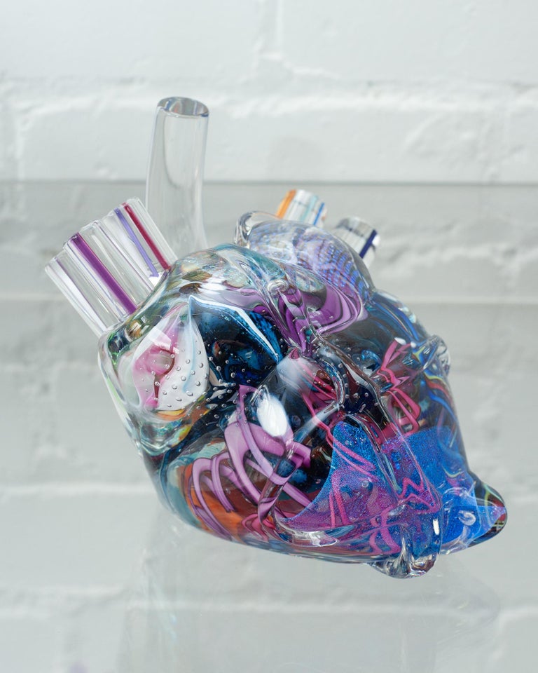 Contemporary Multicolour Hand Blown Glass Anatomical Heart Sculpture at