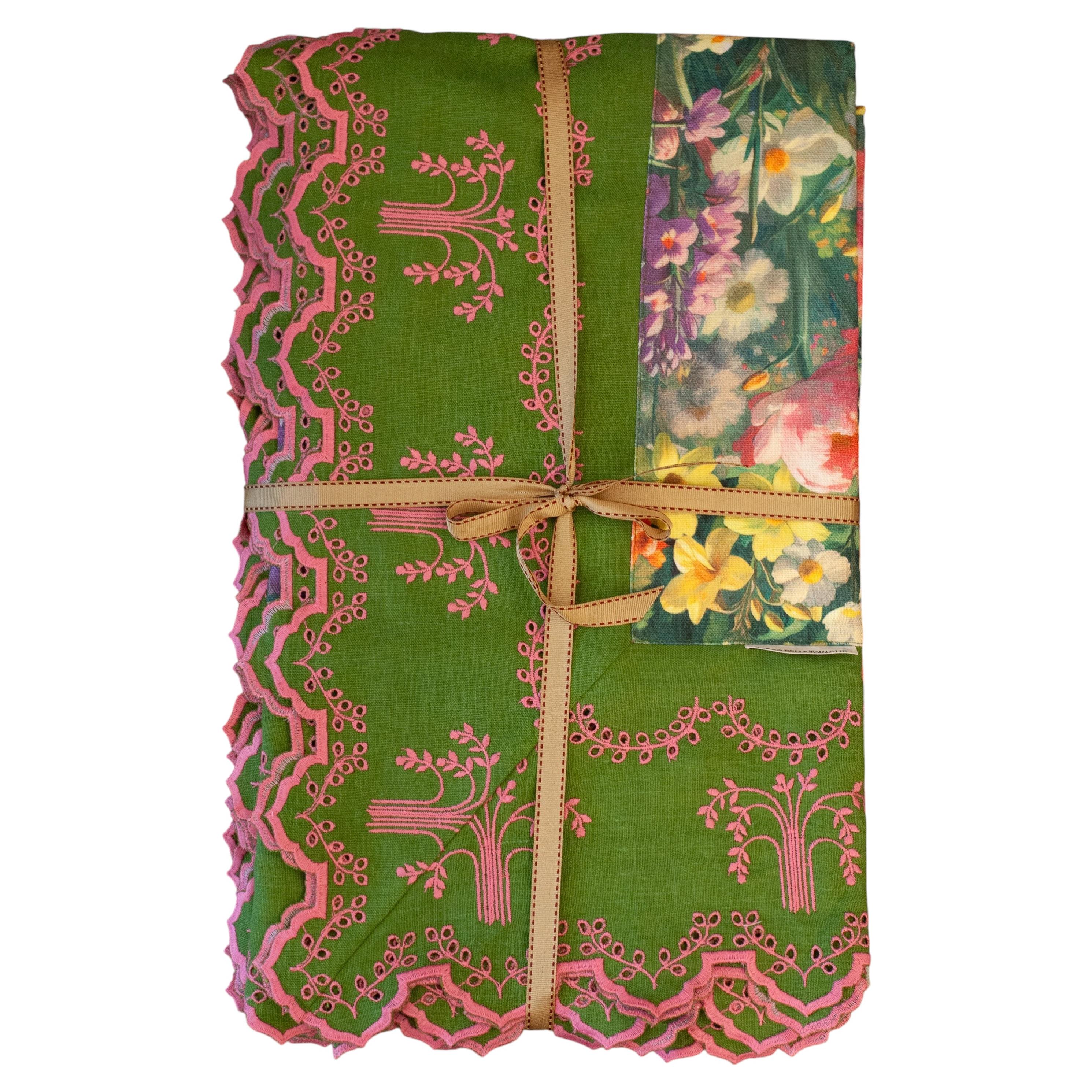Contemporary Multicolour Linen Tablecloth with Embroidered Border - 6' x 13'