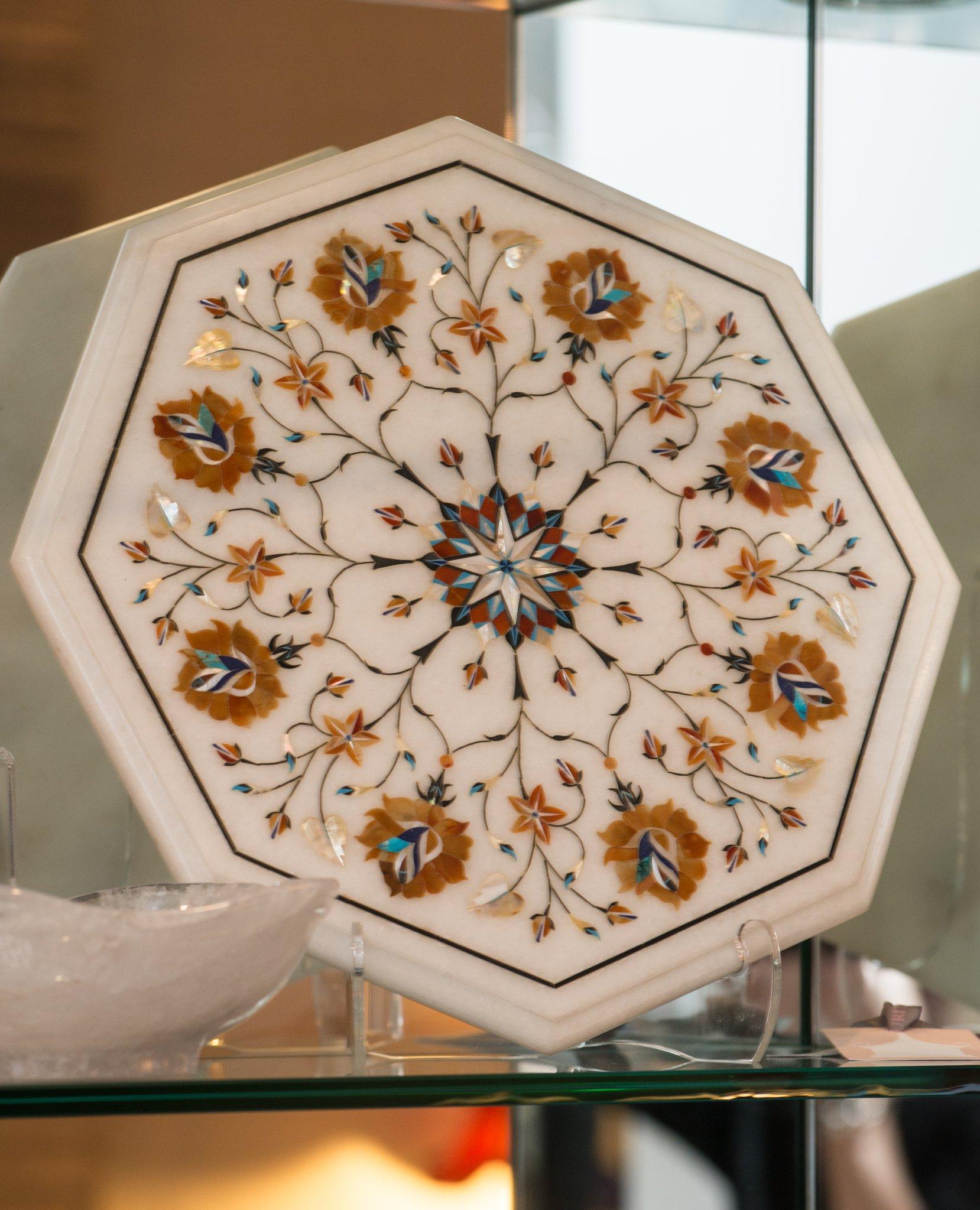 Indian Contemporary Multicolour Pietra Dura Octagonal Marble Inlay Platter