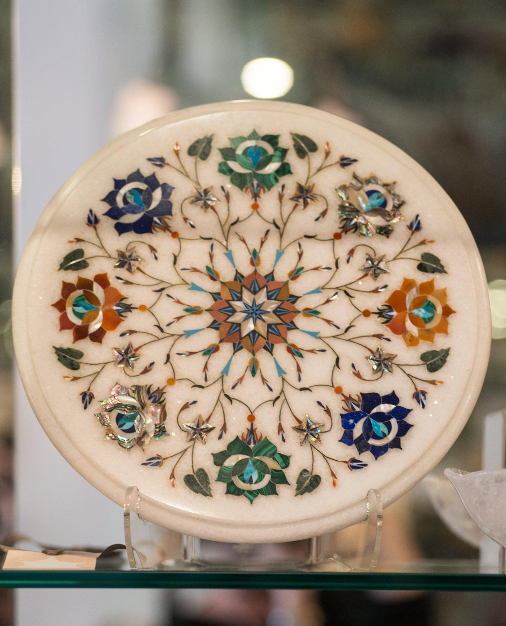 Indian Contemporary Multicolour Pietra Dura Round Marble Inlay Platter