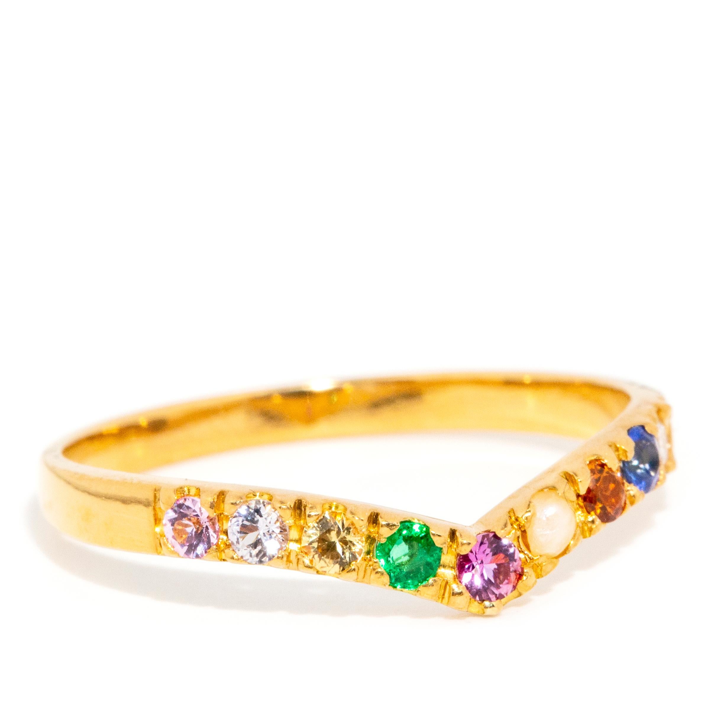 Round Cut Contemporary Multicoloured Gemstone Chevron Style Ring 22 Carat Yellow Gold For Sale