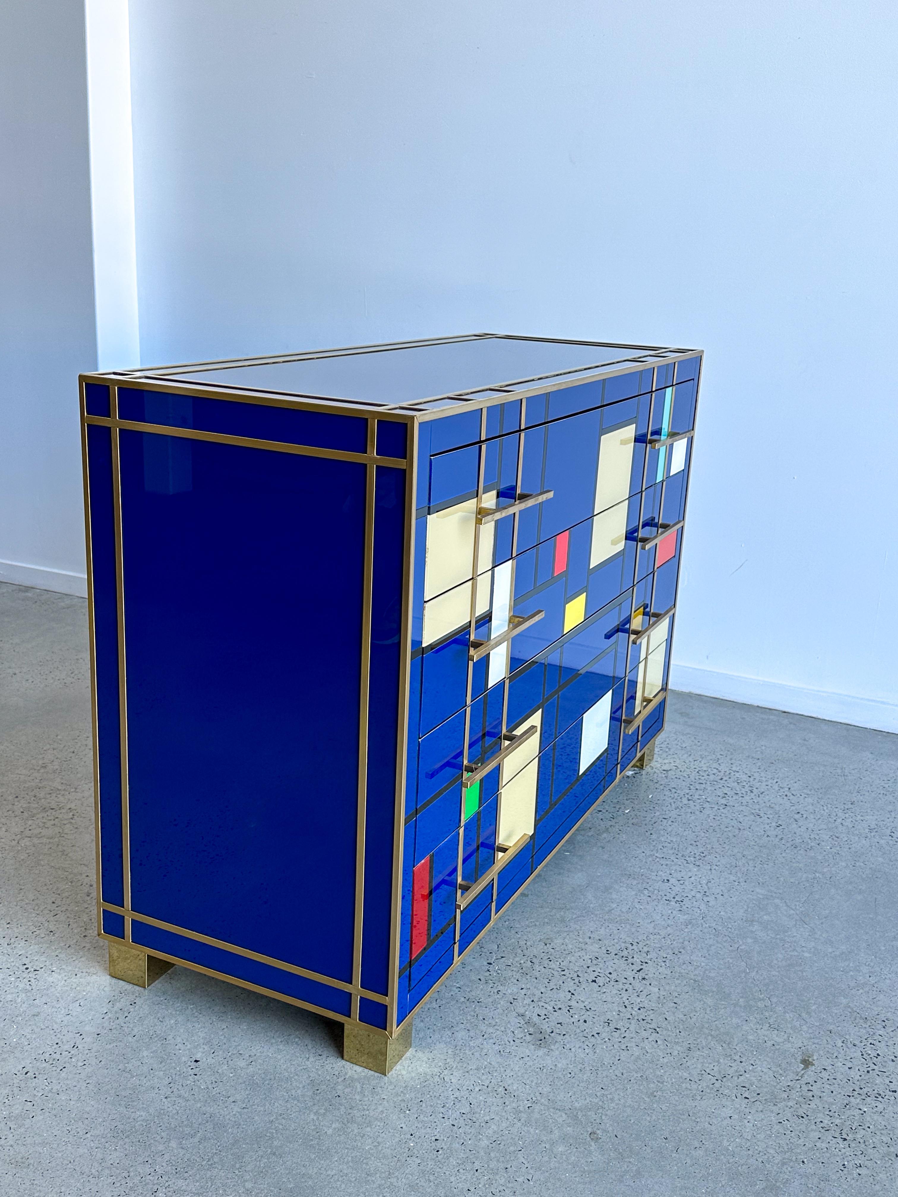 Contemporary Murano Glass and Brass Chest of Drawers by Lumini Collections  For Sale