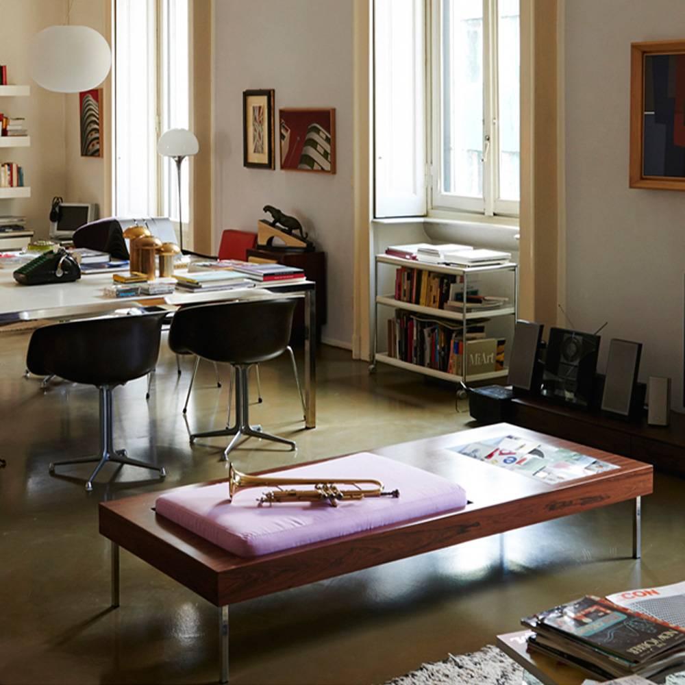 Contemporary Multifunctional Bench in Walnut Wood and Yellow Velvet Cushion with Magazine Compartment

