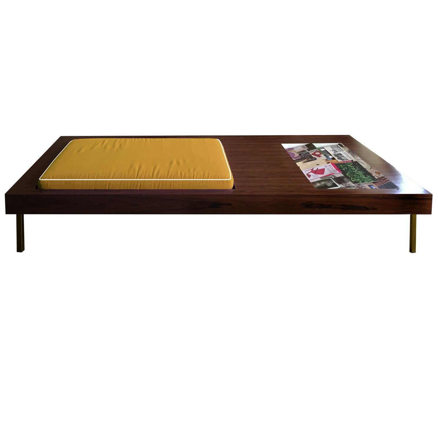 Contemporary Bench in Walnut Wood and Yellow Velvet Cushion with Magazine Holder For Sale