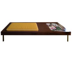 Contemporary Bench in Walnut Wood and Yellow Velvet Cushion with Magazine Holder