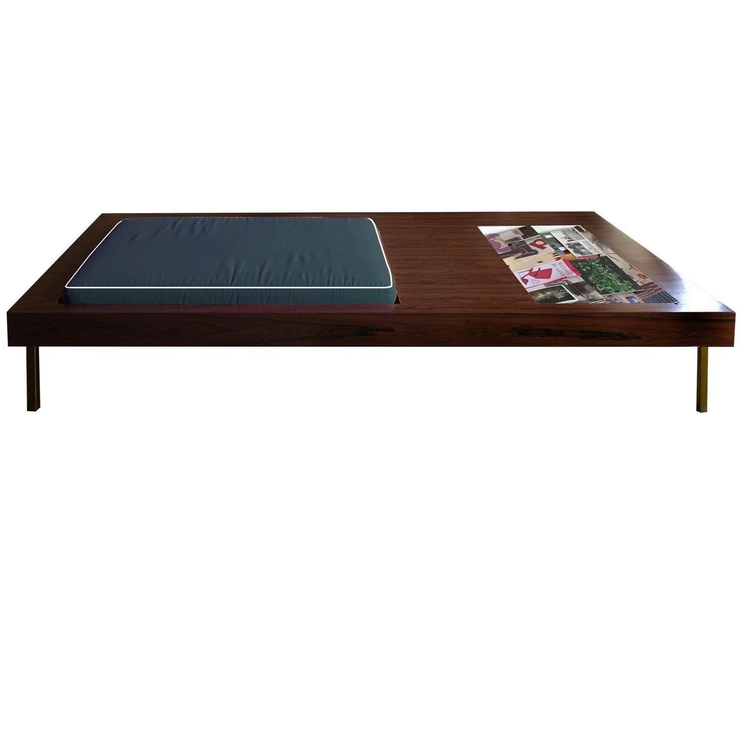 Contemporary Bench in Walnut and Green Velvet Cushion with Magazine Holder For Sale