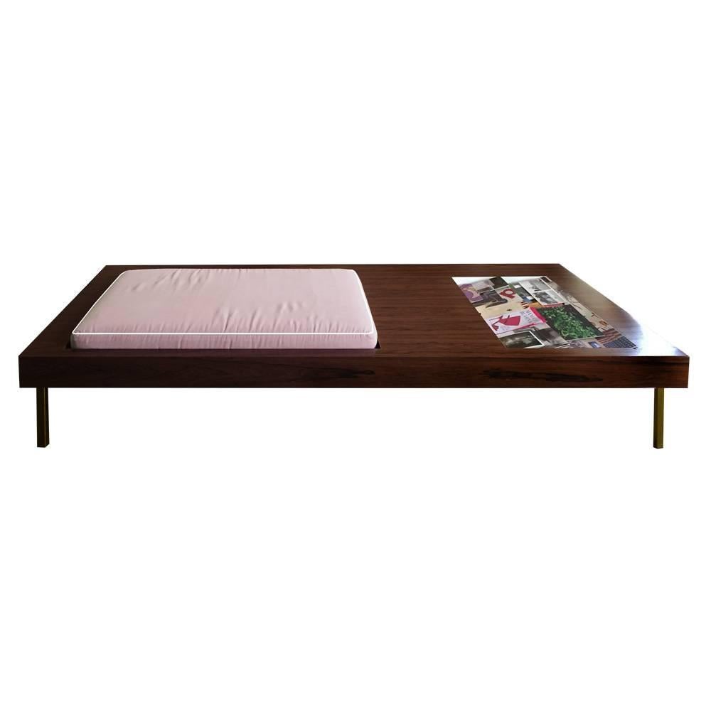Contemporary Bench in Walnut Wood and Pink Velvet Cushion with Magazine Holder For Sale