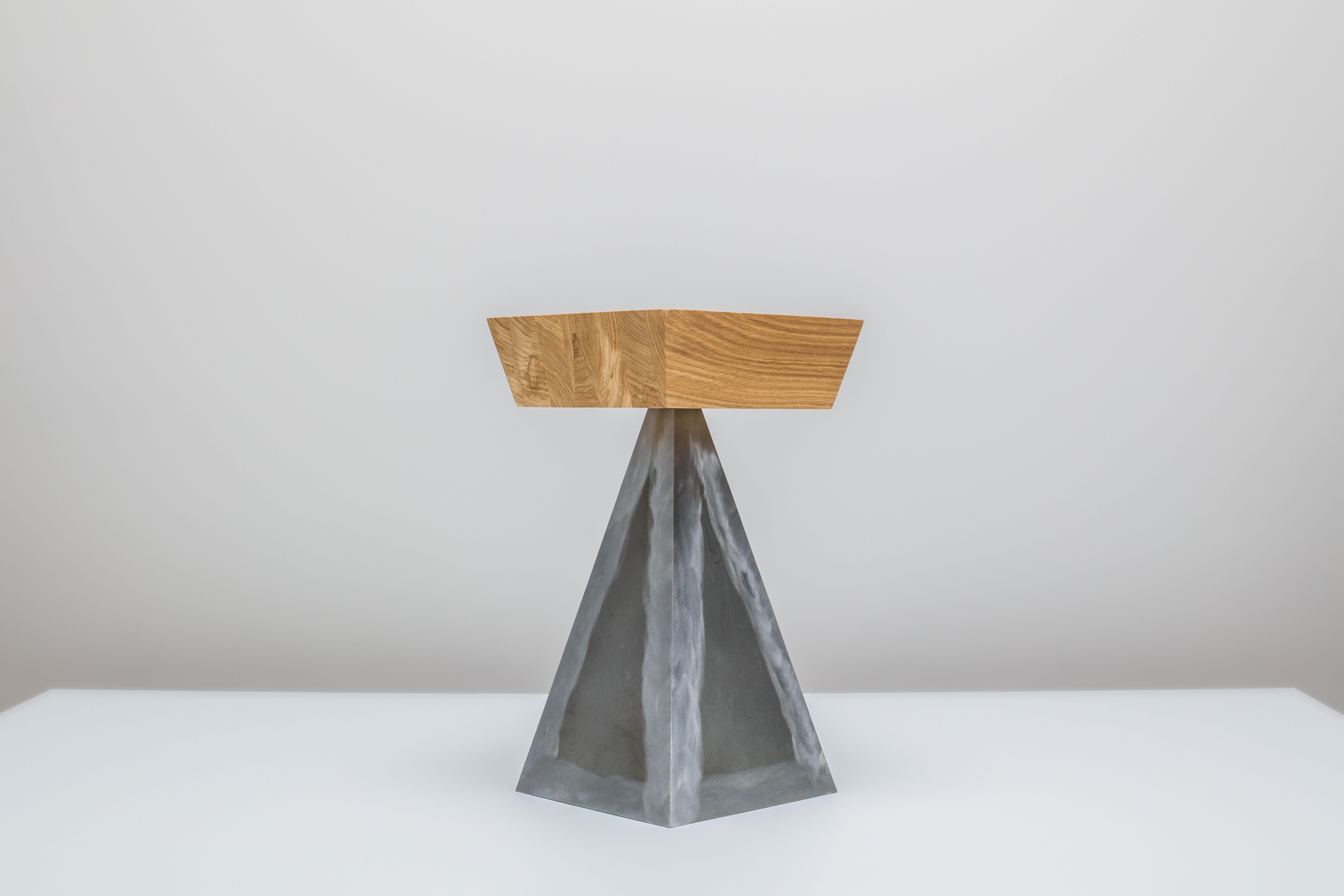 Hand-Crafted Contemporary, Rotatable Side Table, Raw Steel, Oak For Sale