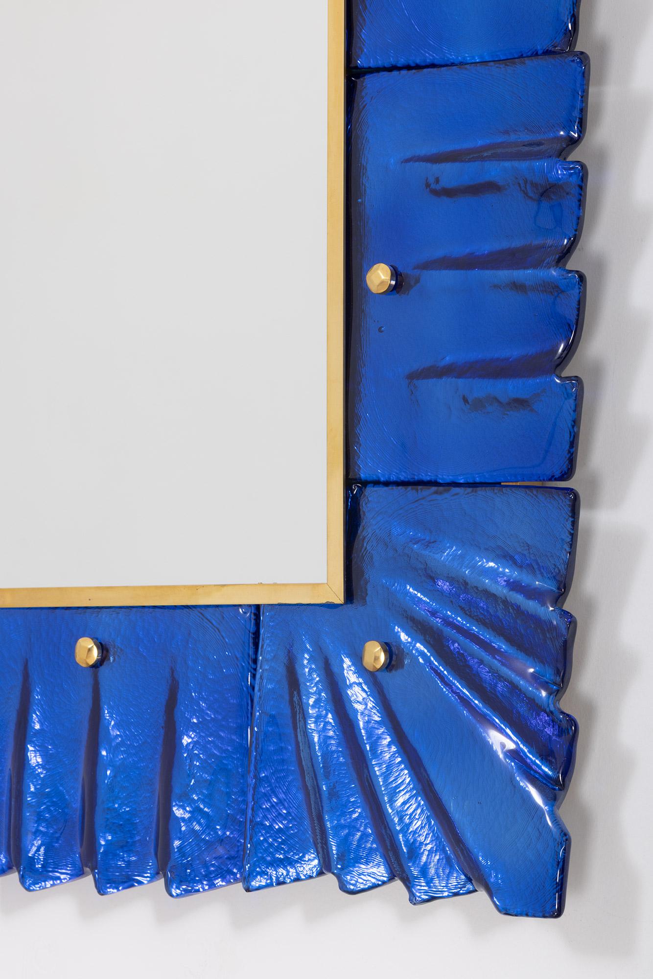 Mid-Century Modern Contemporary Murano Cobalt Blue Glass Mirror, in Stock For Sale