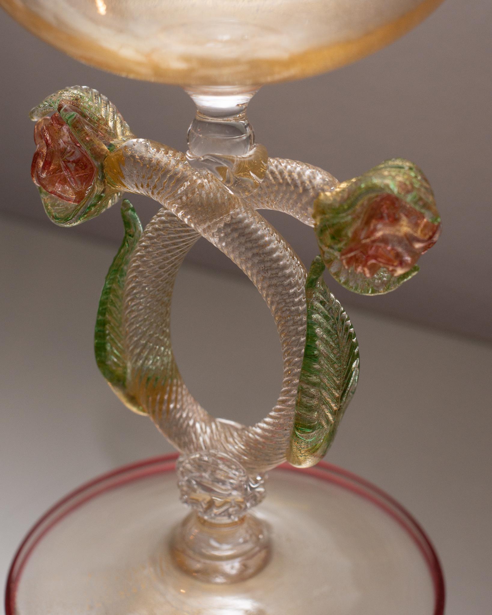 Italian Contemporary Murano Glass Bowl with Green Flowers and Red Ruby Detail For Sale