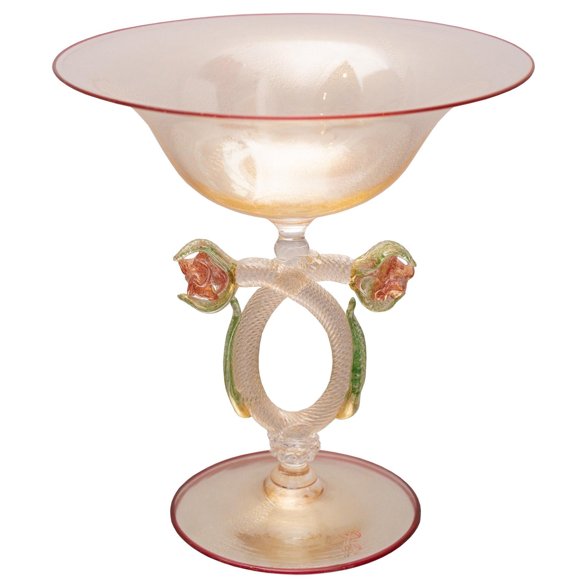 Contemporary Murano Glass Bowl with Green Flowers and Red Ruby Detail