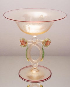 Contemporary Murano Glass Bowl with Green Flowers and Red Ruby Detail