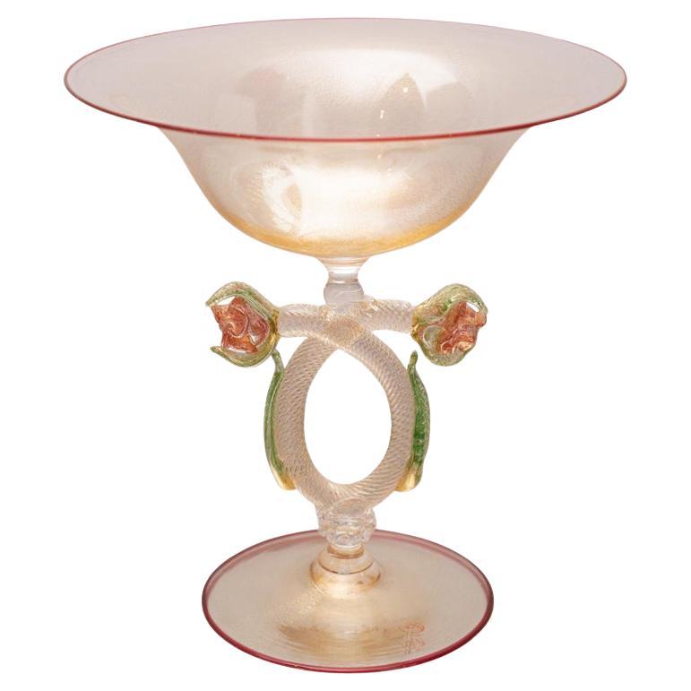 Cuenco Contemporáneo de Cristal de Murano con Flores Verdes y Detalle de Rubí Rojo