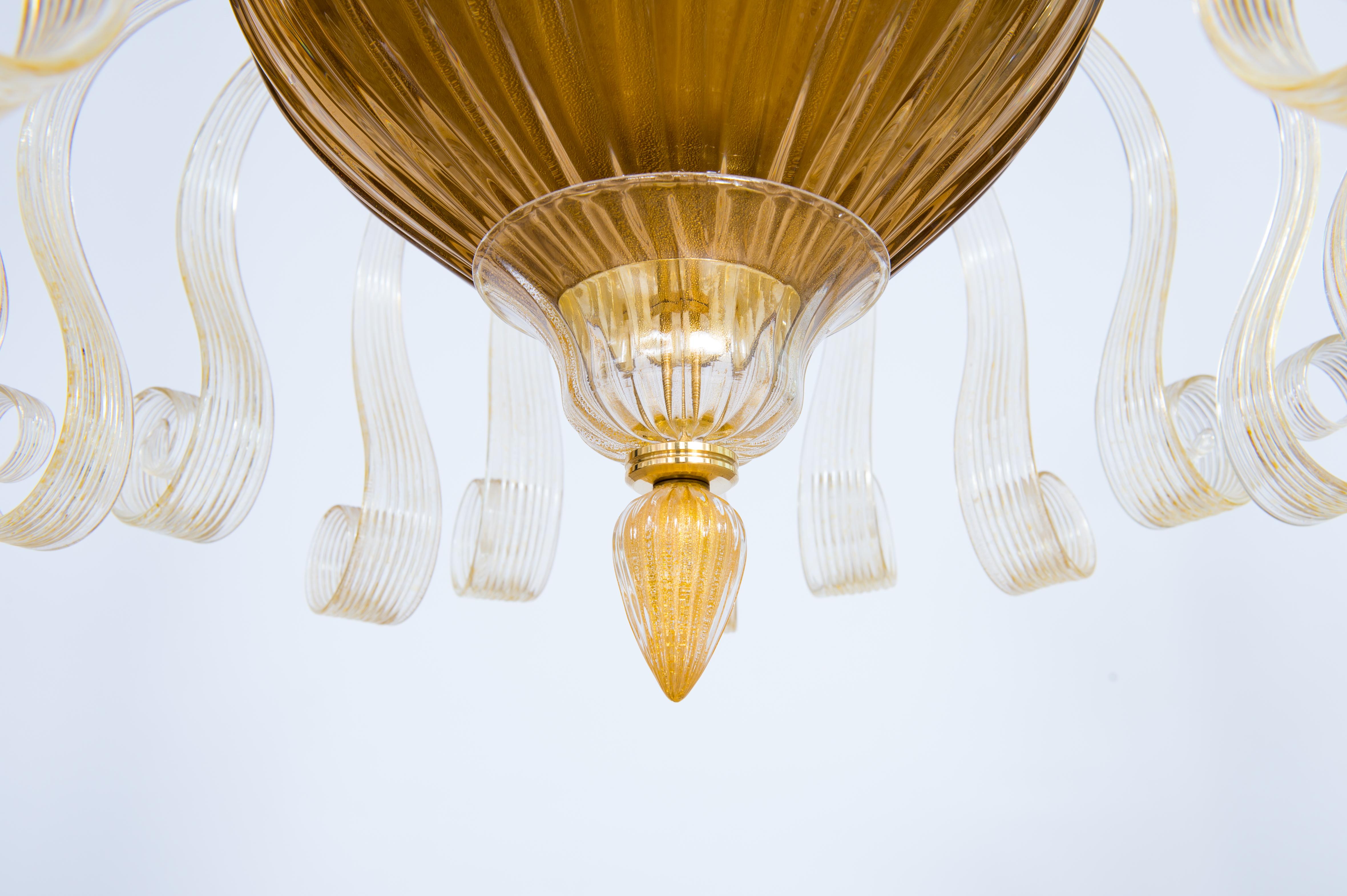 Hand-Crafted Italian Flush Mount in Blown Murano Glass Gold Elements by Giovanni Dalla Fina  For Sale