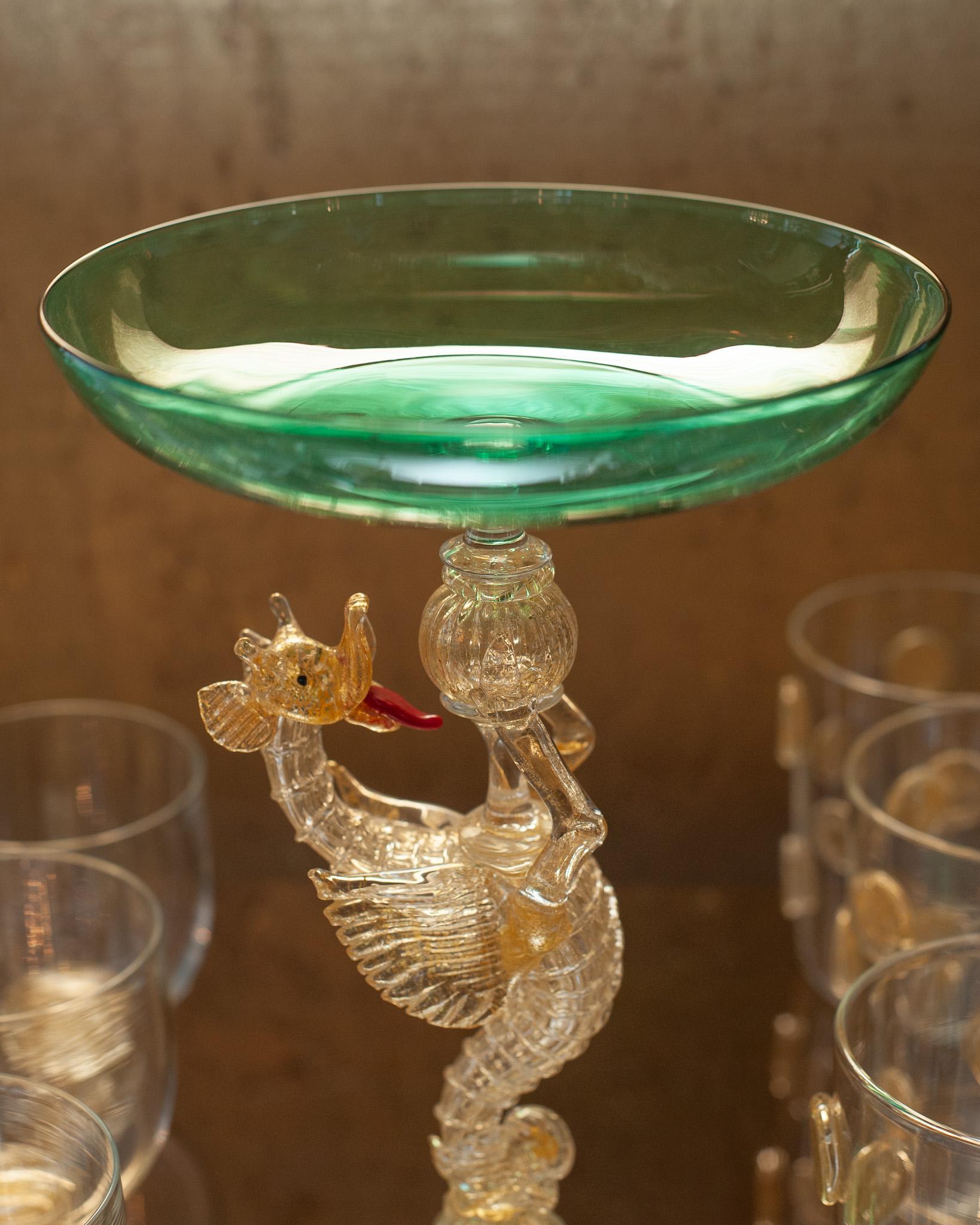 Italian Contemporary Murano Glass Compote in Green with Gold Leaf Dragon For Sale