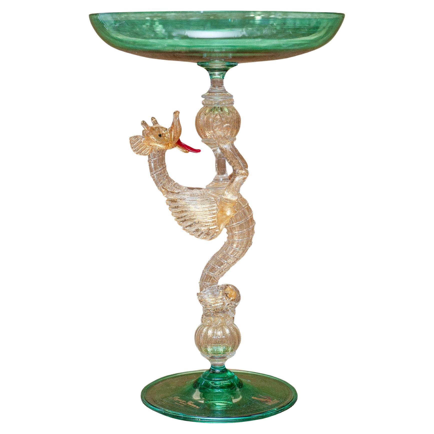 Contemporary Murano Glass Compote in Green with Gold Leaf Dragon For Sale