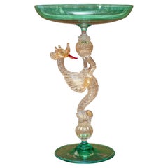 Contemporary Murano Glass Compote in Green with Gold Leaf Dragon