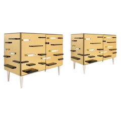 Contemporary Gloden Murano Glass Mirror and Brass Pair of Italian Cabinets