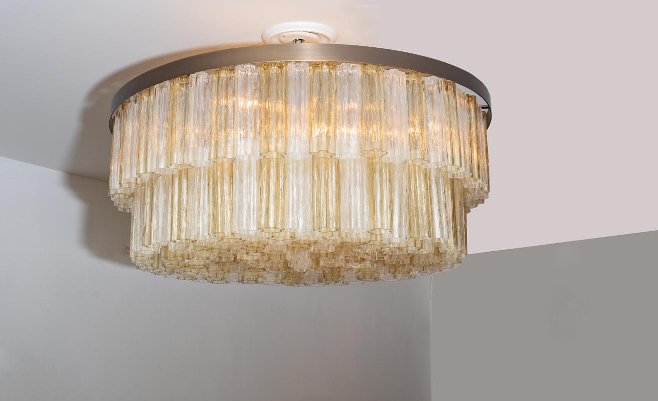 Contemporary circular Murano glass two-Tier flush mount chandelier,
 in stock
A striking statement in light and form, this contemporary Murano chandelier features a bold circular flush mount design with a sculptural two-tier configuration. Crafted