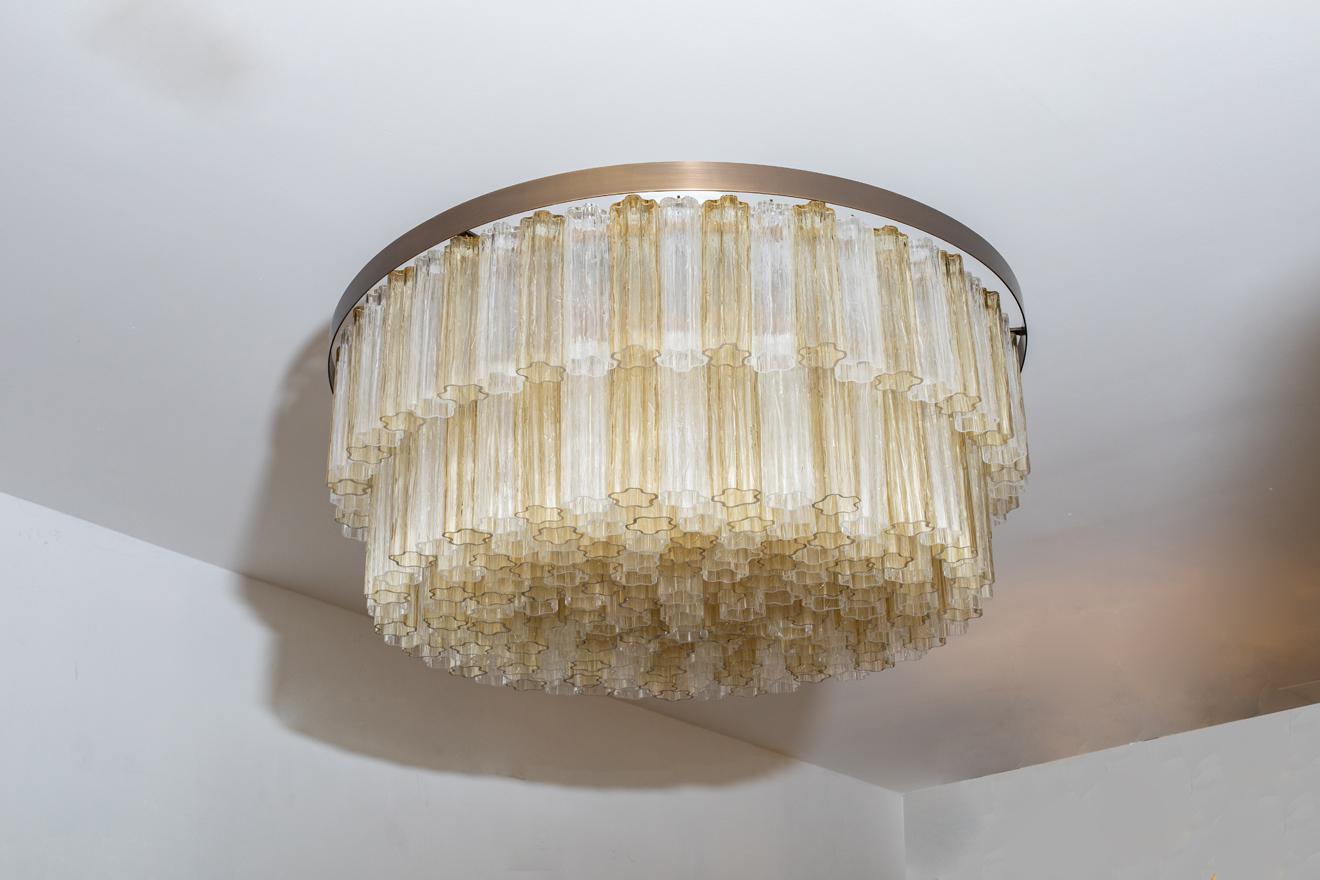 Mid-Century Modern Contemporary Circular Murano Glass Two-Tier Flush Mount Chandelier, in stock For Sale
