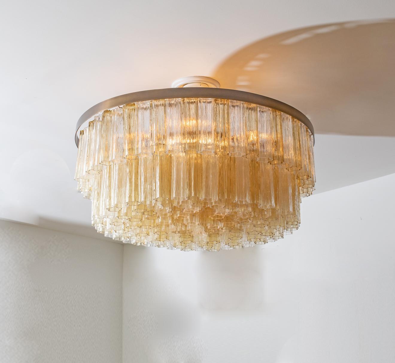 Italian Contemporary Circular Murano Glass Two-Tier Flush Mount Chandelier, in stock For Sale