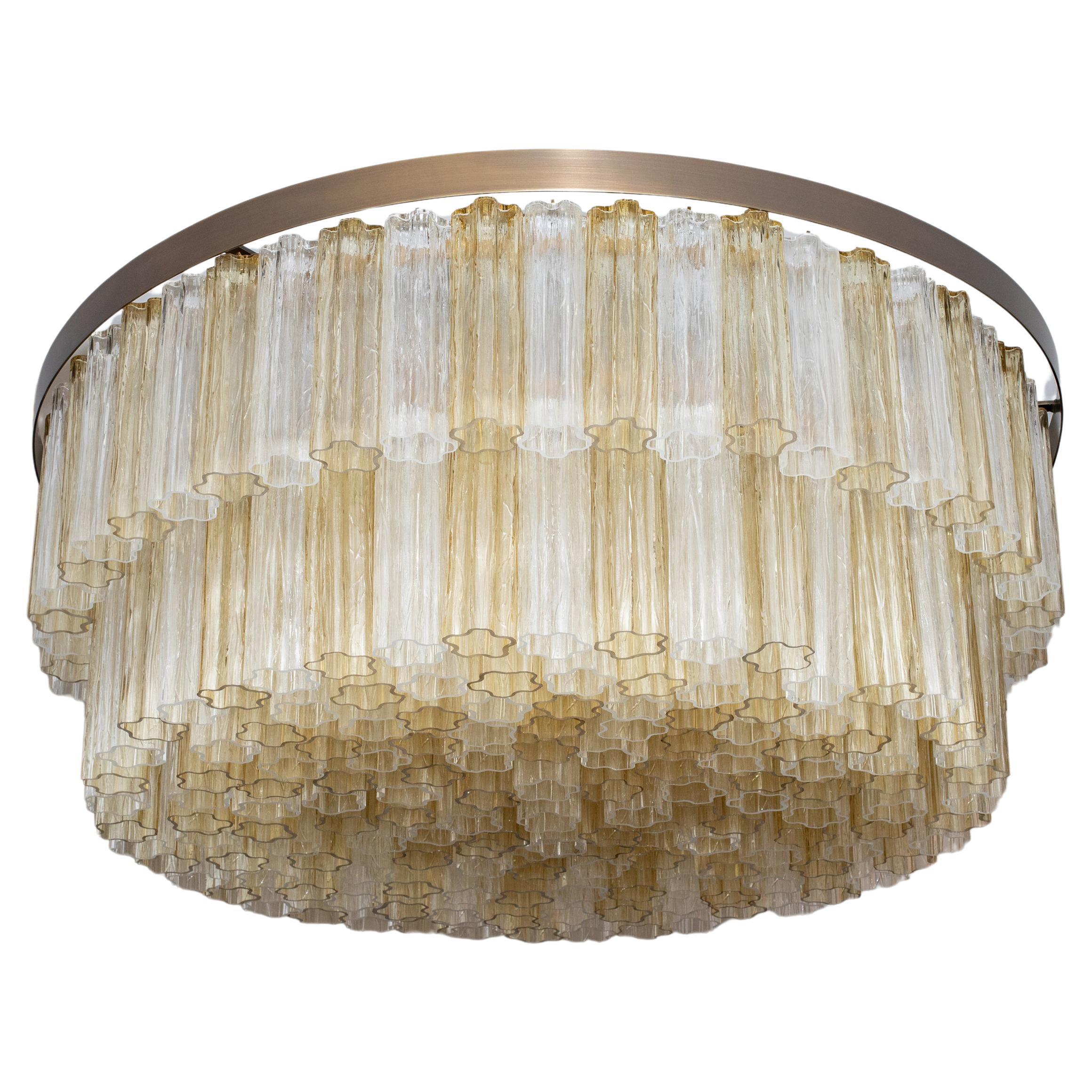 Contemporary Circular Murano Glass Two-Tier Flush Mount Chandelier, in stock For Sale