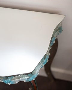 Contemporary Murano Mirrored Console Table with Blue Hand Blown Flowers