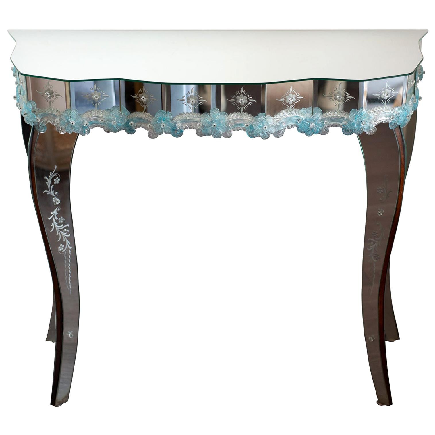 Contemporary Murano Mirrored Console Table with Blue Hand Blown Flowers
