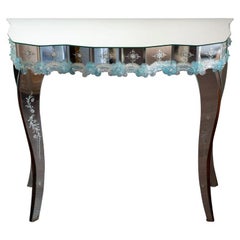 Contemporary Murano Mirrored Console Table with Blue Hand Blown Flowers